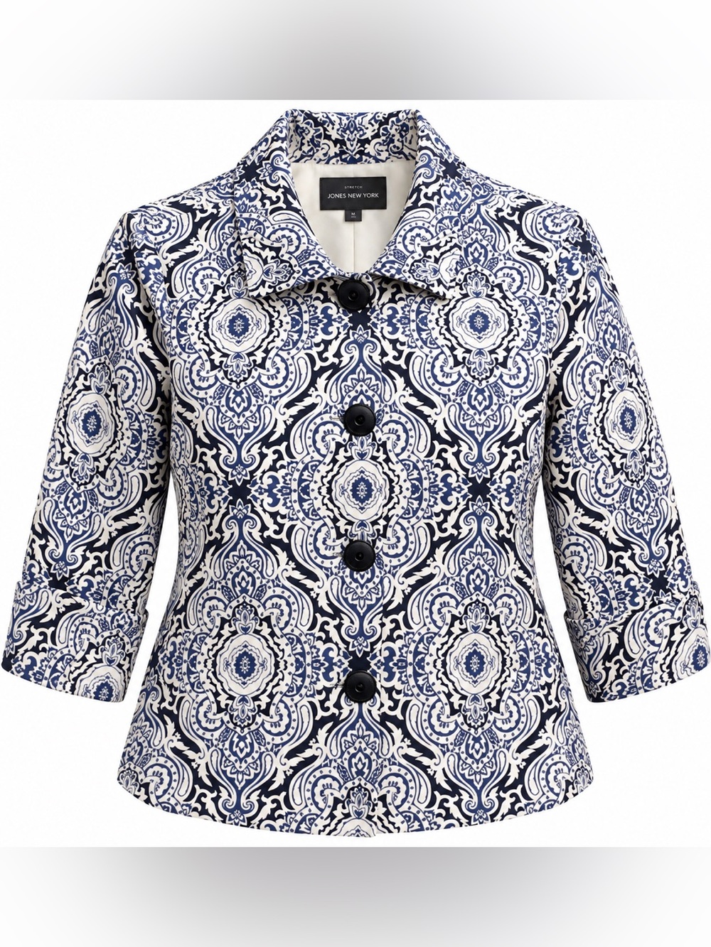 Jones New York Signature Petite 14P Navy White Damask Stretch Jacket